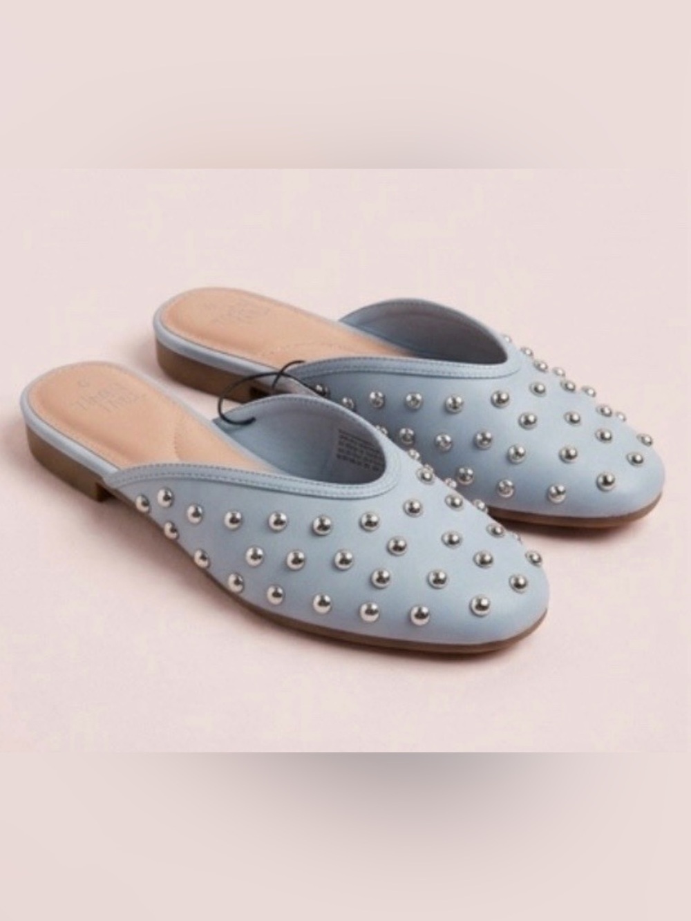 Time and Tru Light Blue Studded Slip-On Mules